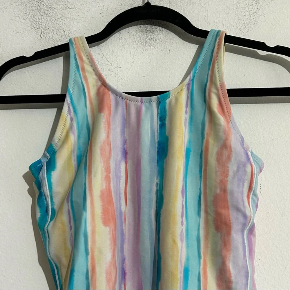 Athleta Girl Scoop One Piece Swimsuit Watercolor Stripe Blue Size Large 12